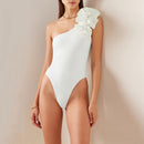 One shoulder white pomps