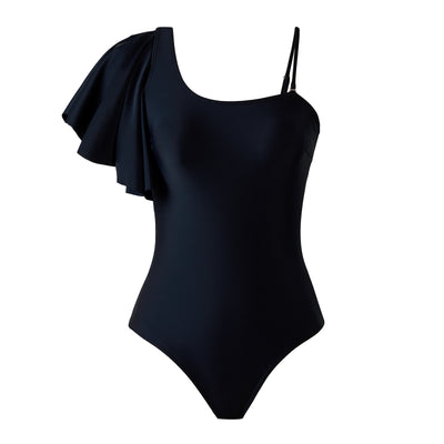Black one shoulder ruffle con falda